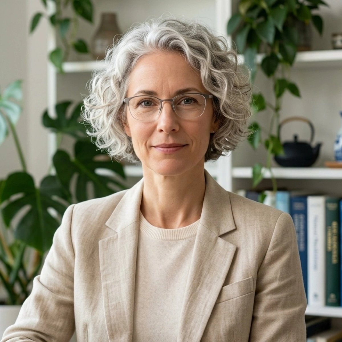 Professional portrait of Dr. Julian Sterling with short gray wavy hair and glasses wearing a beige blazer